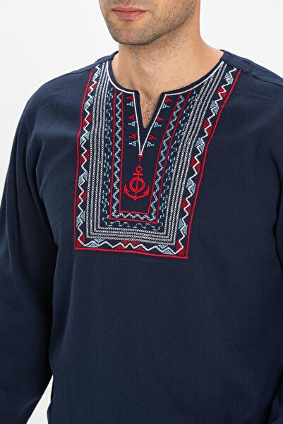 Eliş Şile Bezi Μακρυμάνικο ύφασμα Şile, Crew λαιμόκοψη, ανδρικό καλοκαιρινό μπλουζάκι Navy