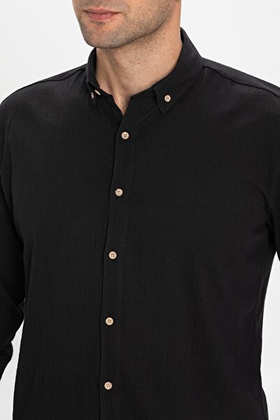 Eliş Şile Bezi Μακρύ μανίκι, λεπτή εφαρμογή Sile ύφασμα - Ανδρικό καλοκαιρινό πουκάμισο μονής τσέπης (Μαύρο) 3003