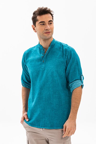 Eliş Şile Bezi Μακρυμάνικο Şile υφασμάτινο ανδρικό μπλουζάκι Bodrum Turquoise 9013