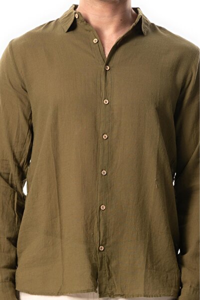 Eliş Şile Bezi Men's Summer Shirt Long Sleeve Poplin Mediterranean Style Khaki Hk