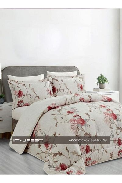 INREST طقم سرير مكون من 6 قطع - لحاف كينج (230 × 250 سم) أبيض أنيق بتصميم ورود حمراء