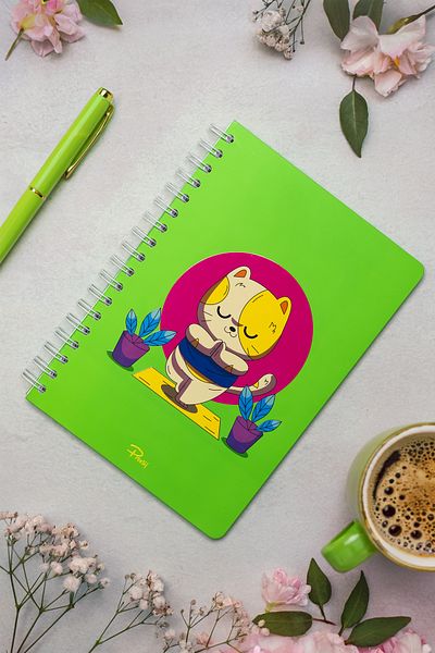 Prestij Meditation Cat Neon Green Checkered Notebook 17X24