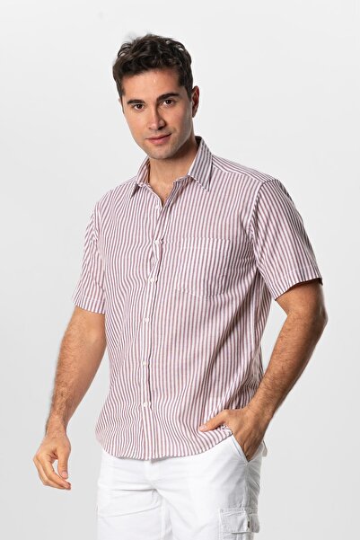 Eliş Şile Bezi Κοντό μανίκι Şile υφασμάτινο μονό τσεπάκι ανδρικό καλοκαιρινό πουκάμισο Claret Red Cream ριγέ 3080