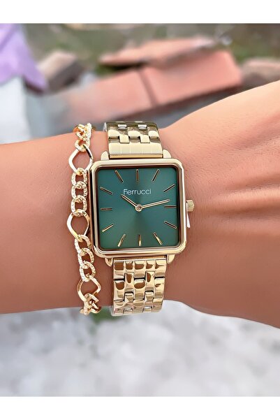Ferrucci ساعة يد نسائية بسوار فولاذي مربعة الشكل مقاومة للماء 3 ATM + سوار هدية