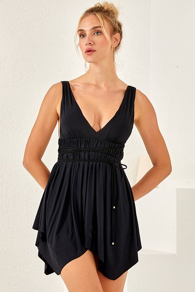 LAPIENO V Neck Tie Waist Dress Swimsuit Skirted Swimwear Bather Bathing Suit 3580 Black