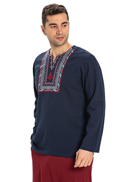 Eliş Şile Bezi Μακρυμάνικο ύφασμα Şile, Crew λαιμόκοψη, ανδρικό καλοκαιρινό μπλουζάκι Navy