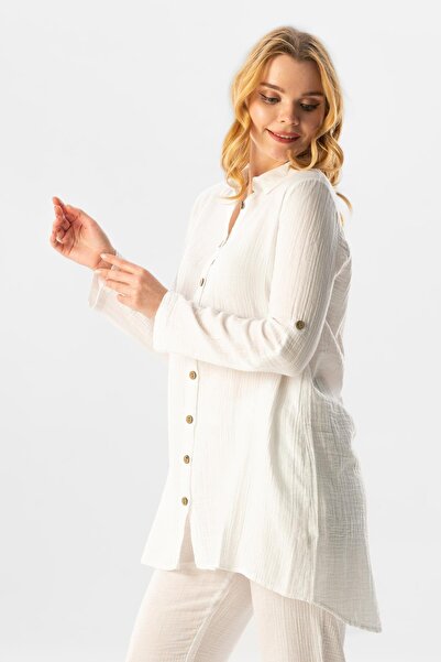 Eliş Şile Bezi Long Foldable Sleeve Sedentary Shirt Collar Summer Muslin Tunic White Byz