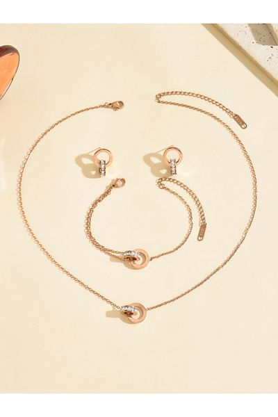 Choice Rose Gold Color Roman Fashion Double Ring Necklace Bracelet Earring Set Women's Jewelry