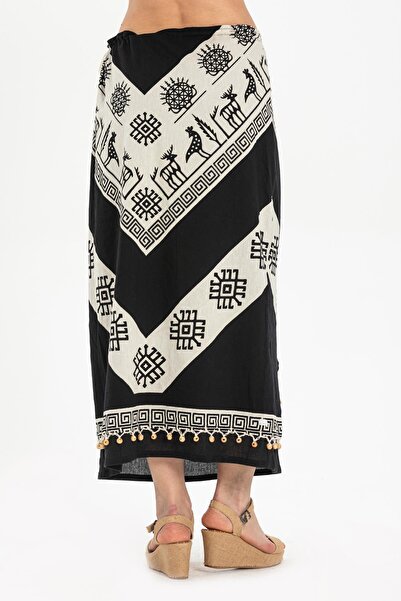 Eliş Şile Bezi Stone Print V Pattern Summer Skirt Black Mesh Şile Cloth
