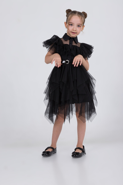 Modonoff Wednesday Kostüm Tüllü Siyah Elbise Doğum Günü Kıyafeti & Kostüm