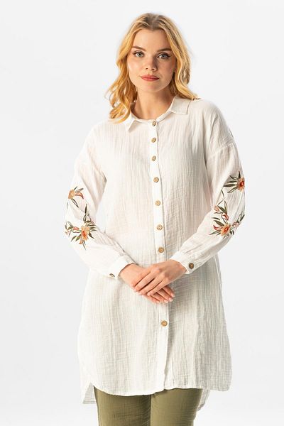 Eliş Şile Bezi Long Sleeve Deck Shirt Collar Summer Muslin Tunic White Byz