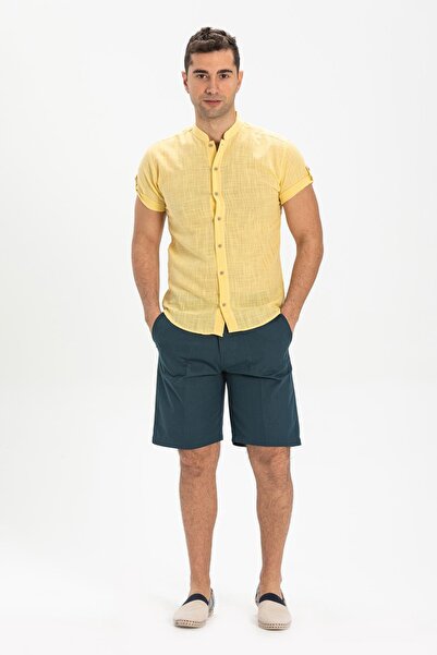 Eliş Şile Bezi Yellow 3073 Short Sleeve Cotton Bodrum Summer Men's Shirt
