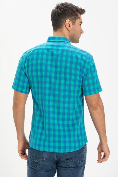 Eliş Şile Bezi Large Size Short Sleeve Sile Cloth Single Pocket Men's Shirt Mint Checked 3033