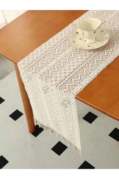 Choice 30x60cm khaki Beige Table Runner Lace Cotton Blended Fabric with Tassel For Coffee Table Decor Weddi