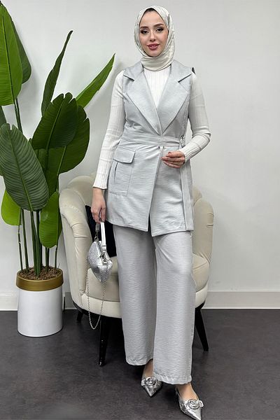Tesettür Diyarı Gray Women's Pocket Tie Suit