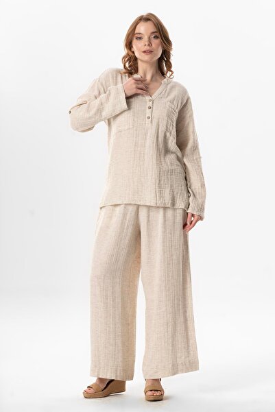 Eliş Şile Bezi Elastic Waist Ezgi Muslin Summer Trousers Cream Cream