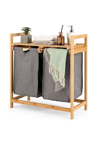 ACAR Bambu Ayaklı Çamaşır Sepeti 2 Bölmeli (64 x 33 x 73 CM) - Demonte