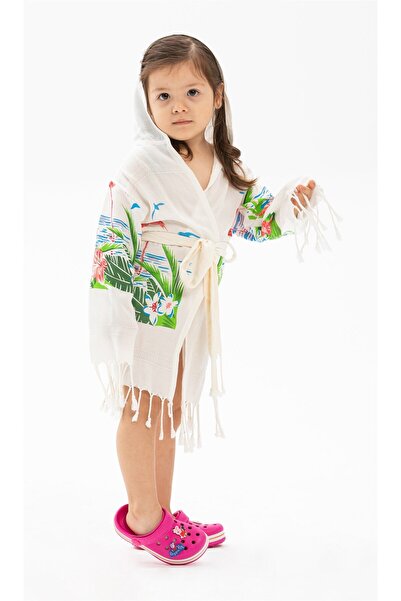 Eliş Şile Bezi Bambu Baskılı Flamingo Desen Çocuk Bornoz Krem Krm