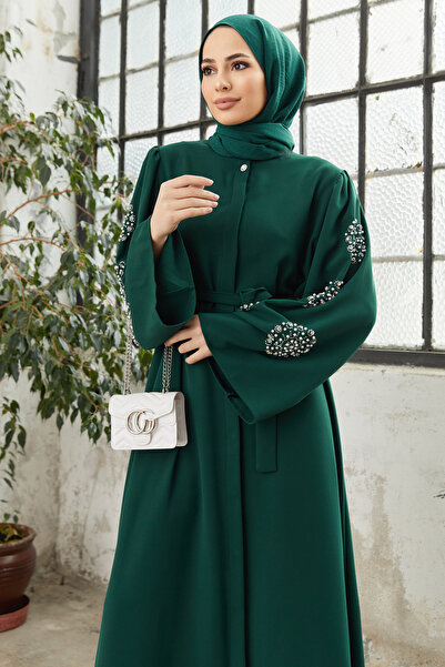 VAVİNOR Liva Stone Abaya with Arms - Emerald