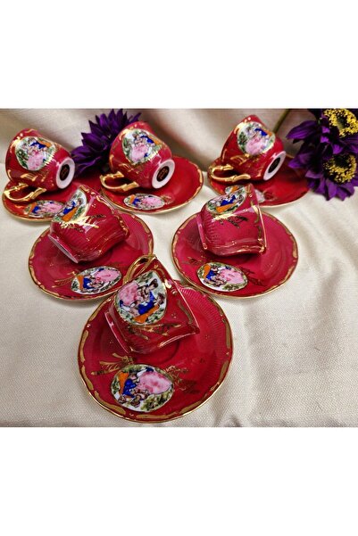 BY.RAYKA PORSELEN El Dekor Red Dance Porcelain Hand Painted Coffee Cup Set for 6 People