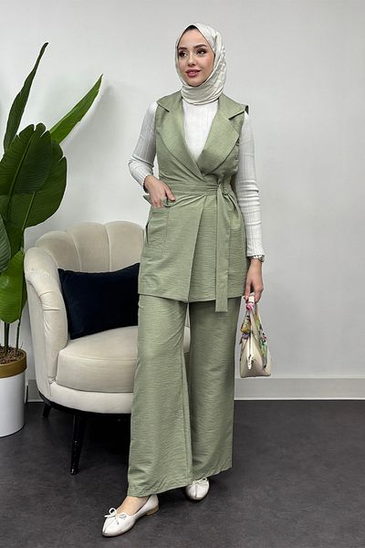 Tesettür Diyarı Women's Mint Green Pocket Tie Suit