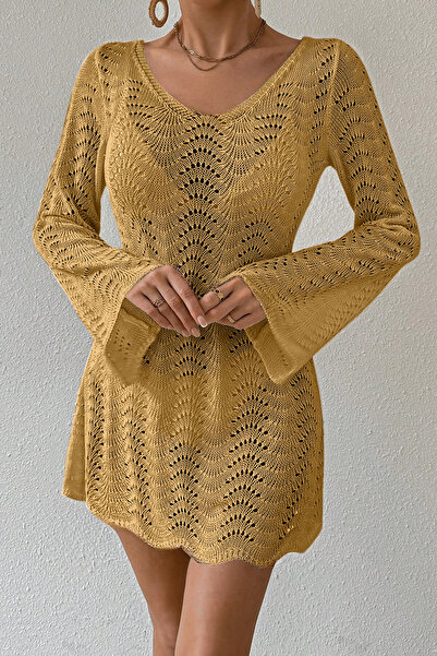 AQE FASHION V-Neck Bell Sleeve Backless Lace-Up Camel Color Casual Beach Dress