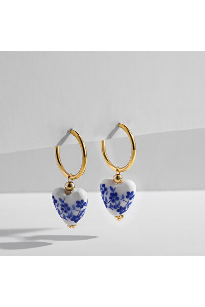 choice2 أقراط متدلية من خرز السيراميك على شكل قلب من اللؤلؤ الأزرق والأبيض غير المتماثل من Style3 للنساء