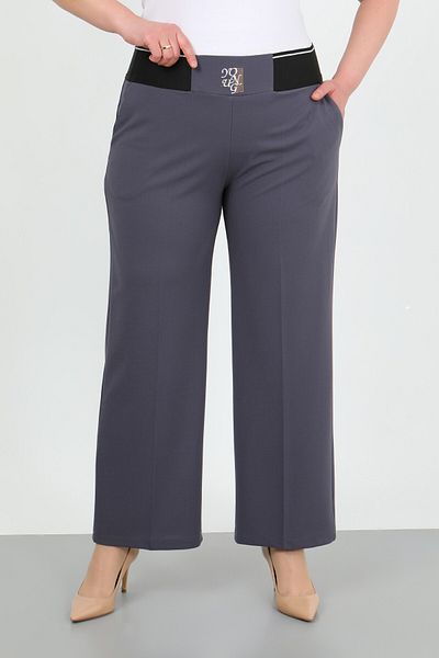 By Alba Collection Women's Gray Elastic Waist Lycra High Waist Large Size Loose Wide Leg Trousers