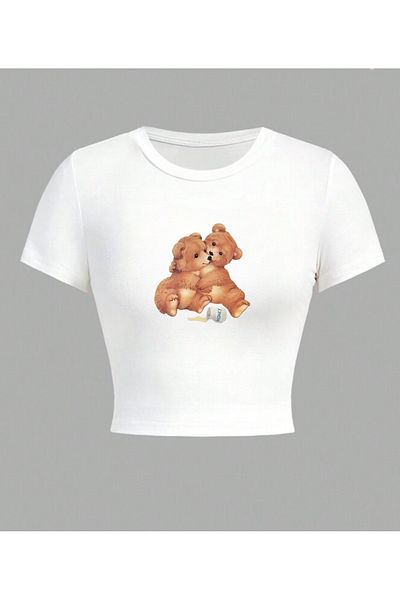 Touz Moda Bluză crop albă cu imprimeu Cute Bear