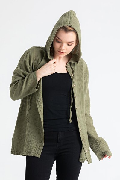 Eliş Şile Bezi Γυναικεία καλοκαιρινή μουσελίνα φούτερ με μακρυμάνικη κουκούλα Khaki Khaki