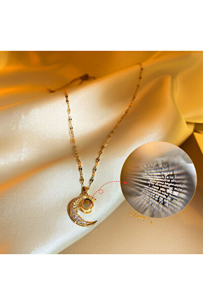 Choice قلادة ذهبية اللون على شكل قمر مكتوب عليها 100 لغة أحبك للنساء من الفولاذ المقاوم للصدأ
