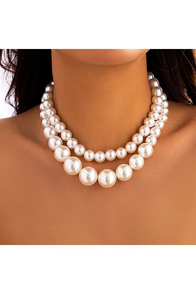 Choice White 2pcs/set Luxury Elegant Big Imitation Pearl Choker Necklace For Women Exaggerated Multilayer B