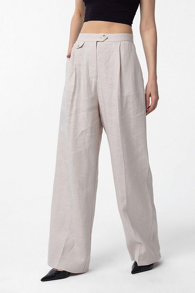 Antioch Beige 100% Linen High Waist Pleated Women's Trousers