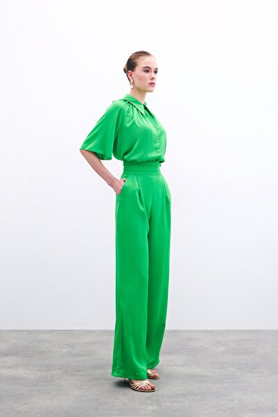 Sateen Штани з кишенями з сатину - світло-зелені