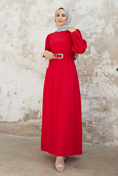 VAVİNOR Pleated Dress with Sleeves - Red