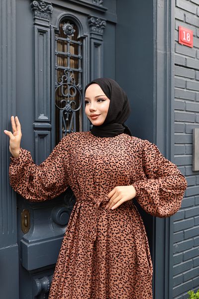 modessia ΓΥΝΑΙΚΕΙΟ Καφέ 100% Βισκόζη Ρόμπα Casual Model Belted Oversized Maxi Size Hijab Φόρεμα Vbtl3324