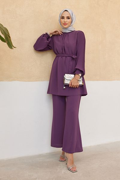 VAVİNOR Pleated Sleeves Trousers Tunic Set - Lilac