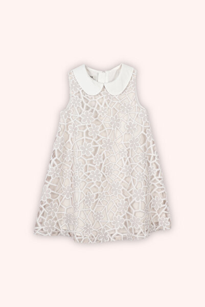 Panço Kız Çocuk Yakalı Çiçek Desenli Fermuarlı Bej Abiye Elbise