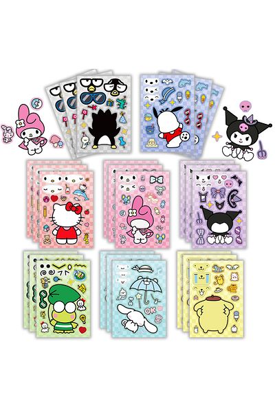 Miniso 8PCS 8/16Sheets Children Make-a-Face Puzzle Stickers Sanrio Hello Kitty Kuromi Melody Kids DIY Assem