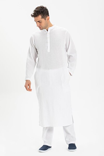 Eliş Şile Bezi Long Sleeve Syle Cloth Men's Hajj and Umrah Dress White Byz