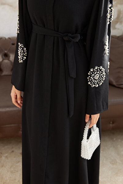 VAVİNOR Liva Kolları Taşlı Abaya - Siyah