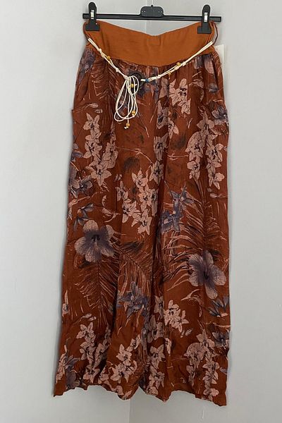 AYASOFYA OTANTIK Women's Italian Tan Rope Belt Detailed Side Pocket Floral Patterned Wide Leg Linen Trousers