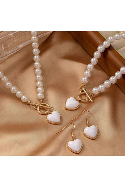 Choice AMS80059W 3 PCS Set Pearl Effected Rose Charm Imitation Pearl Necklace Bracelet Earring Stud Set Hea