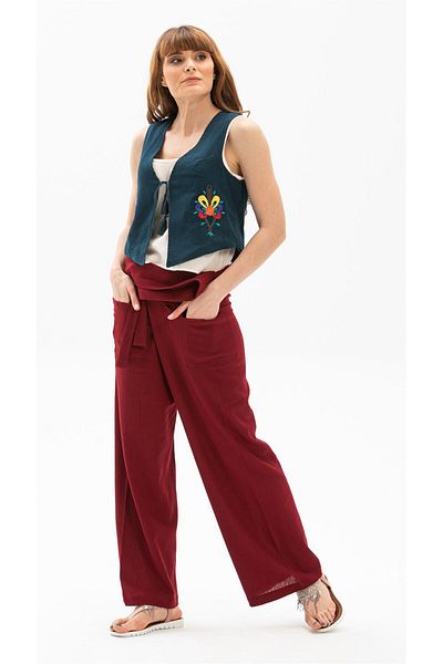 Eliş Şile Bezi Γυναικείο ύφασμα Şile Thai Fisherman Summer Pants Claret Red Brd