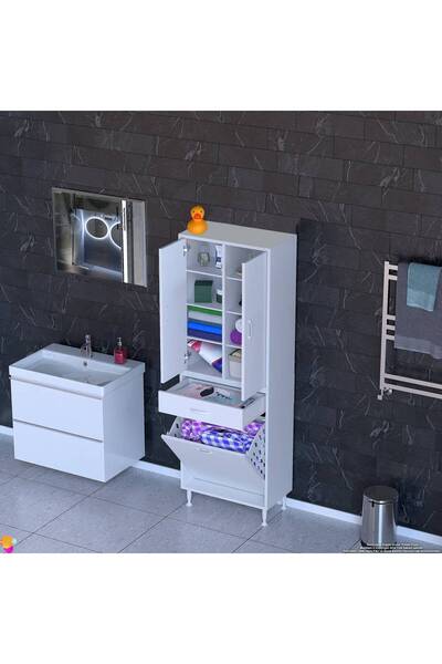 Modilayn YENİ AFRA 65x173x32,5 cm' lik 1 Çekmece, 1 Göz Sepet, 2 Kapak, 8 Raf...