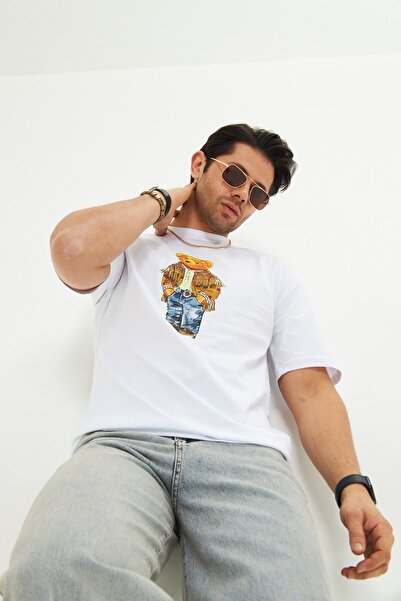 The Champ Clothing Ανδρικό μπλουζάκι με μοτίβο αρκουδάκι με χαλαρή εφαρμογή, βαμβακερό λαιμόκοψη με στάμπα