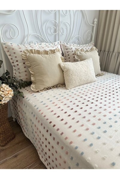 Decamor home Lale Model Ekru Pembe Mavi Yatak Örtüsü / Pike Takımı Çift Kişilik