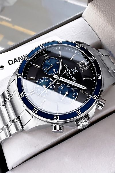Daniel Klein Premium Men's Wristwatch 3 Atm Waterproof Silver Color Steel Strap + Natural Stone Bracelet