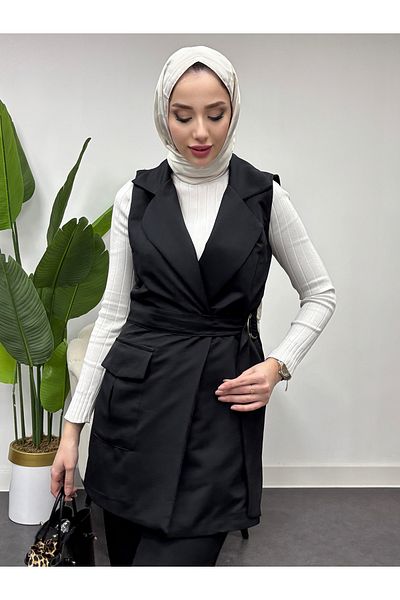 Tesettür Diyarı Women's Tied Suit with Pockets-Black