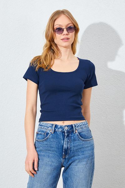 TENA Women's Navy Blue Square Neck Lycra Full Rib T-Shirt